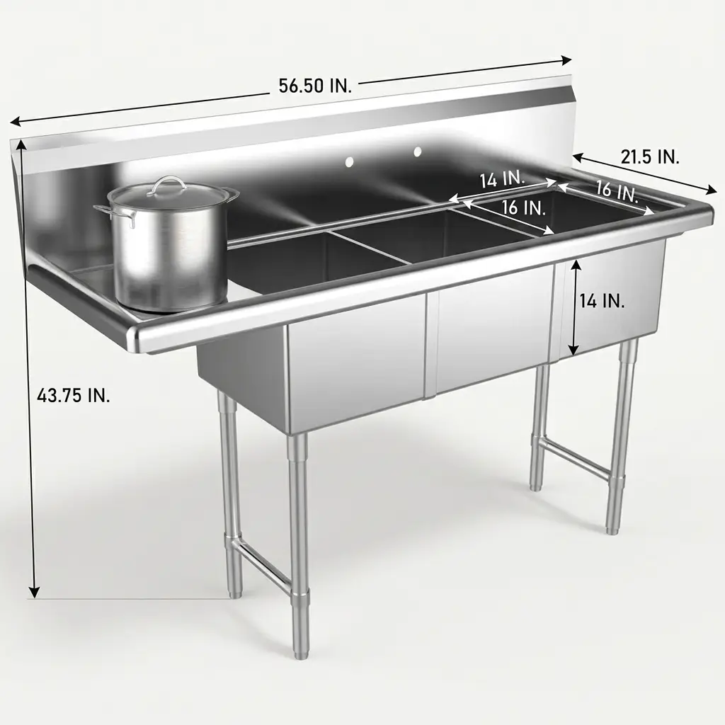 56&Quot; Stainless Steel 3 Compartment Commercial Sink With Left Drainboard 2 56&Quot; Stainless Steel 3 Compartment Commercial Sink With Left Drainboard - Image 2