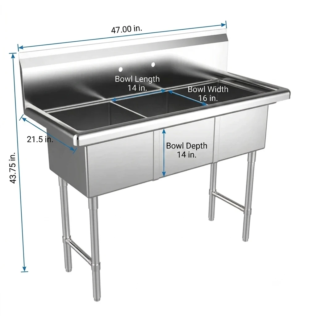 3 Compartment Commercial Sink 47&Quot; Stainless Steel - 14&Quot; X 16&Quot; Bowls 2 3 Compartment Commercial Sink 47&Quot; Stainless Steel - 14&Quot; X 16&Quot; Bowls - Image 2