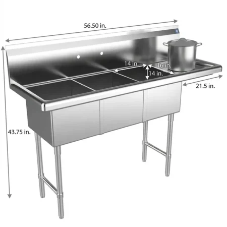 3 Compartment Commercial Sink with Right Drainboard