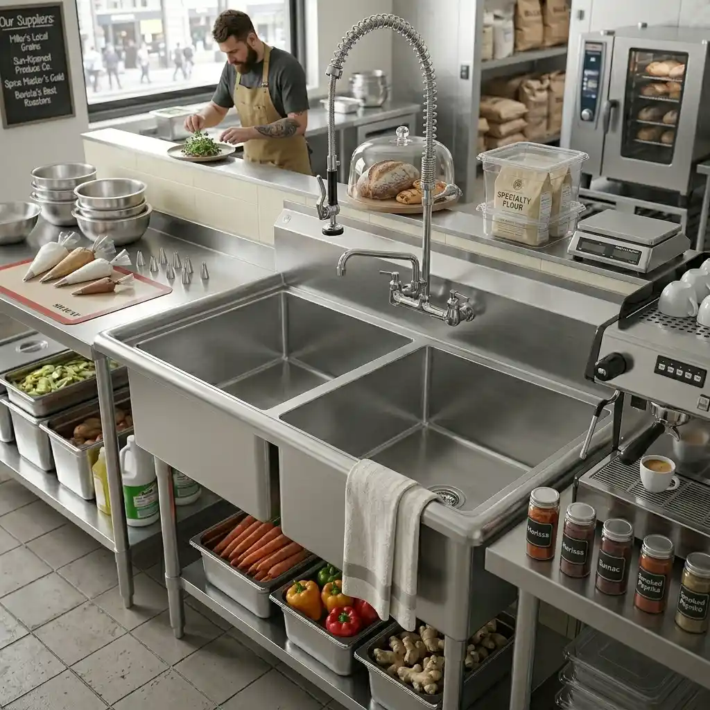 33&Quot; Stainless Steel Two Compartment Commercial Sink | 14&Quot; X 16&Quot; Bowls 3 33&Quot; Stainless Steel Two Compartment Commercial Sink