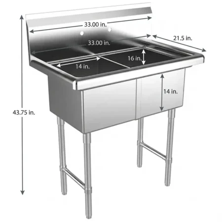33" Stainless Steel Two Compartment Commercial Sink