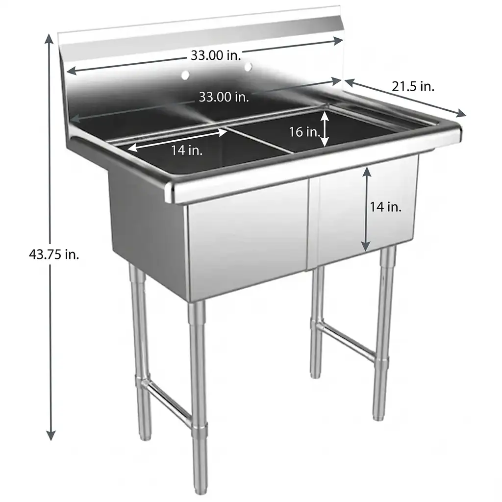 33&Quot; Stainless Steel Two Compartment Commercial Sink | 14&Quot; X 16&Quot; Bowls 2 33&Quot; Stainless Steel Two Compartment Commercial Sink