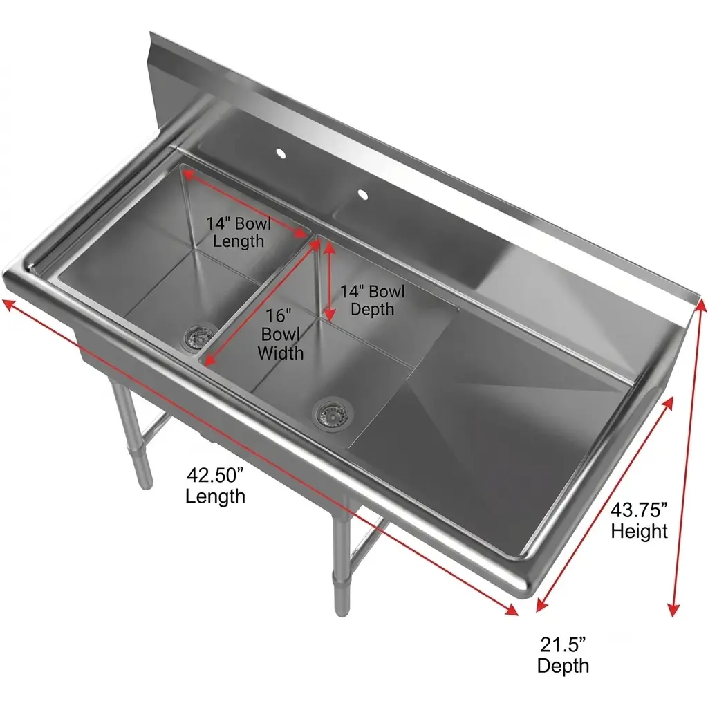 42&Quot; Stainless Steel Two Compartment Commercial Sink With Right Drainboard 3 42&Quot; Stainless Steel Two Compartment Commercial Sink With Right Drainboard - Image 3