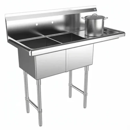 42 inch stainless steel two compartment commercial sink with right side drainboard and high backsplash