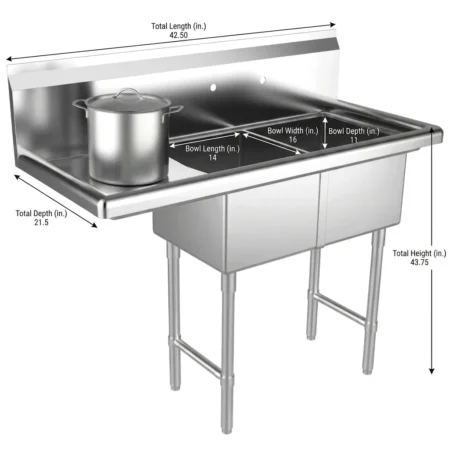 42 stainless steel two compartment commercial sink.