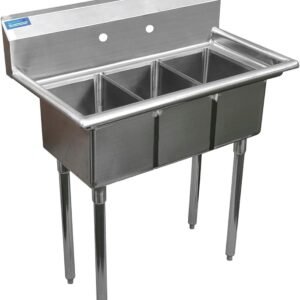 Three compartment stainless steel sink 36" x 19" with 10" x 14" x 10" bowls. NSF certified commercial triple bowl prep and utility sink.