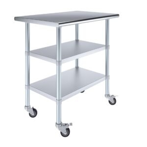 Stainless Steel Work Tables with 2 Shelves and Casters | Wheels