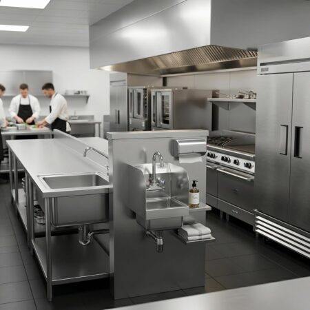 Commercial wall mount hand sink with side splashes and gooseneck faucet