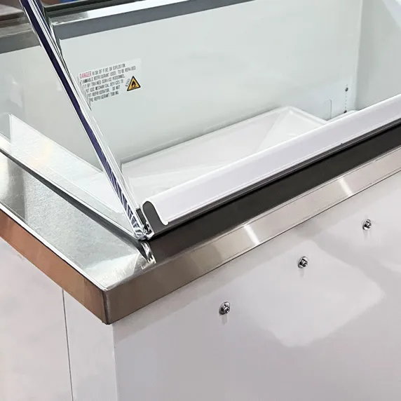 Coldline Dip-88 89&Quot; Ice Cream Dipping Cabinet Freezer | (16) Tub Capacity 4 Coldline Dip-88 89 Ice Cream Dipping Cabinet Freezer Showing A White Commercial Display Unit With A Glass Canopy In A Scoop Shop Setting.