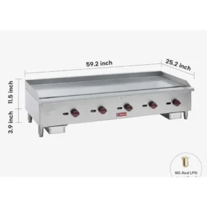 Commercial Gas Griddle 60" 5-Burner 150,000 BTU Countertop Grill