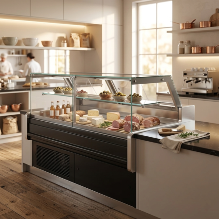 Fish display case with 48 inch refrigerated straight glass and ice bin drain system