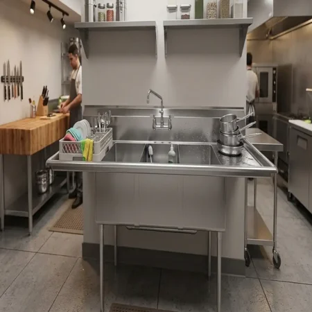 Stainless Steel Prep & Utility Sink with three bowls and double drainboards