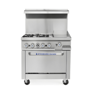 Standard Range SR-R36-12MG-LP 36" Liquid Propane Commercial Gas Range with 4 Burners, 12" Griddle & Oven – 153,000 BTU NSF