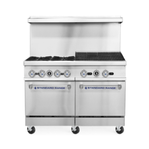 Standard Range SR-R48-24CB-48" Commercial Range with 4 Burners 24" Char-Broiler Top 2 Ovens 256,000 BTU