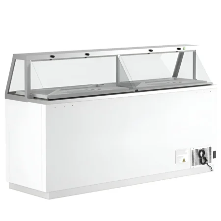 Coldline DIP-88 89 Ice Cream Dipping Cabinet Freezer showing a white commercial display unit with a glass canopy in a scoop shop setting.
