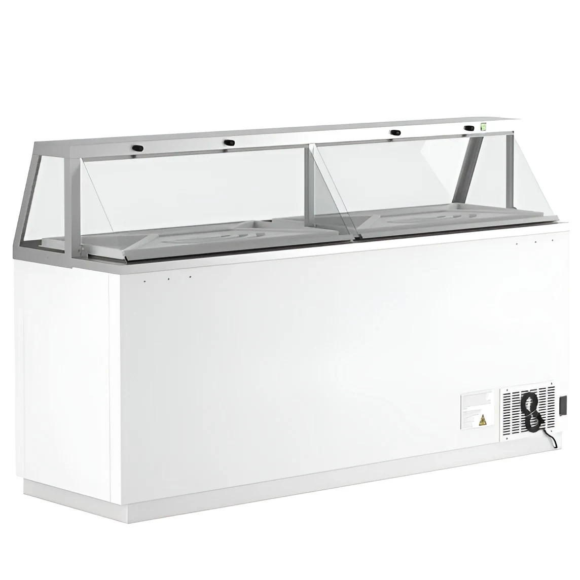 Coldline Dip-88 89&Quot; Ice Cream Dipping Cabinet Freezer | (16) Tub Capacity 1 Coldline Dip-88 89 Ice Cream Dipping Cabinet Freezer Showing A White Commercial Display Unit With A Glass Canopy In A Scoop Shop Setting.