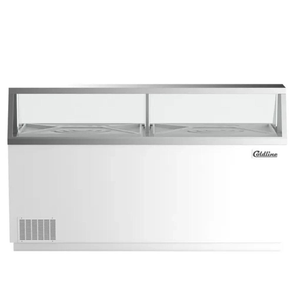 Coldline Dip-88 89&Quot; Ice Cream Dipping Cabinet Freezer | (16) Tub Capacity 3 Coldline Dip-88 89 Ice Cream Dipping Cabinet Freezer Showing A White Commercial Display Unit With A Glass Canopy In A Scoop Shop Setting.