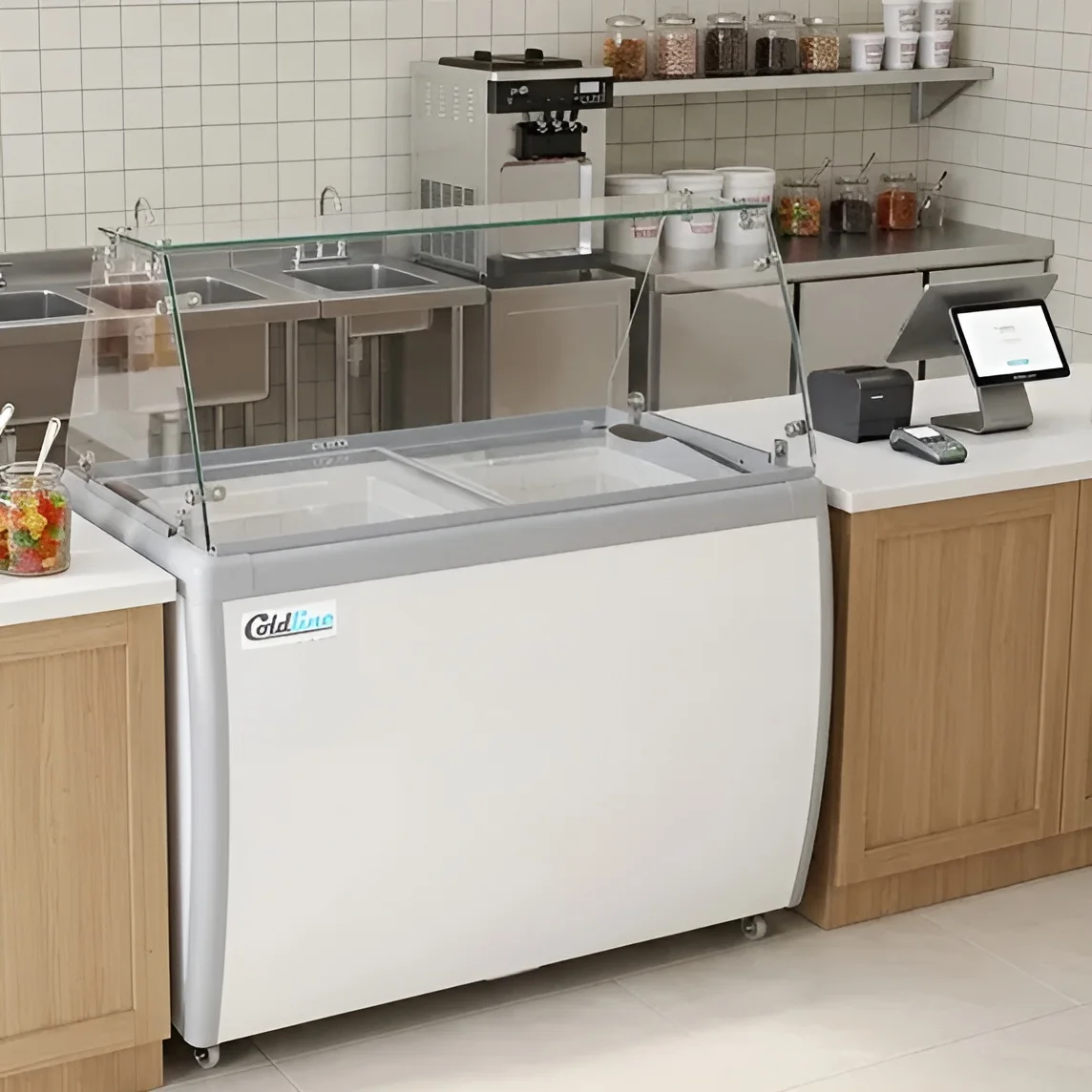 Coldline Dp-360-Fsg 50&Quot; 8-Tub Ice Cream Dipping Cabinet Freezer With Sneeze Guard 2 Coldline Dp-360-Fsg 50&Quot; 8-Tub Ice Cream Dipping Cabinet Freezer With Glass Sneeze Guard