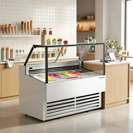 Marchia GIC-10-ST 56" 10-Pan Flat Glass White Gelato Ice Cream Display Freezer in a modern dessert shop setting