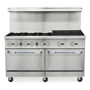 Standard Range SR-R60-24CB 60" Commercial Gas Range with 6 Burners, 24" Charbroiler, and 2 Ovens - 306,000 BTU (NG | LP)