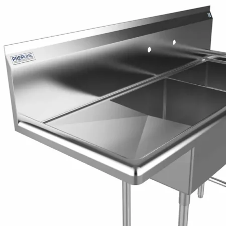 42 Inch Two Compartment Commercial Sink with Left Drainboard and Stainless Steel Bowls.