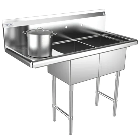 42" Stainless Steel Two Compartment Commercial Sink with Left Drainboard - 14" x 16" Bowls