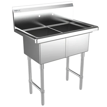 33 inch stainless steel two compartment commercial sink with backsplash
