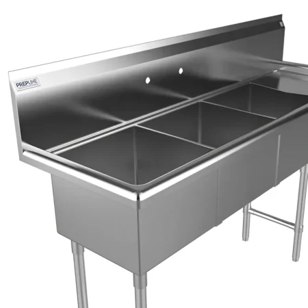 Three compartment commercial sink with right drainboard and stainless steel legs.