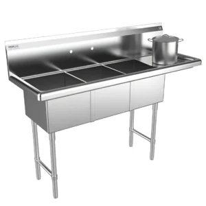 Three Compartment Commercial Sink with Right Drainboard -14-16-Bowls