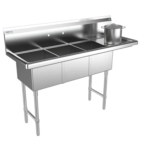 Three compartment commercial sink with right drainboard and stainless steel legs.