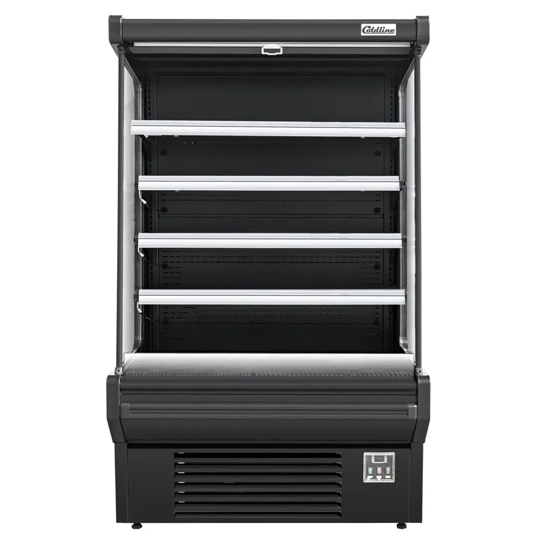 Coldline SOC-61-B 60 inch Black Refrigerated Air Curtain Merchandiser stocked with fresh produce