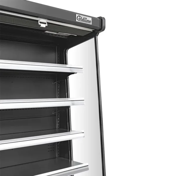 Refrigerated air curtain merchandiser stocked with fresh fruit on an e-commerce product page.