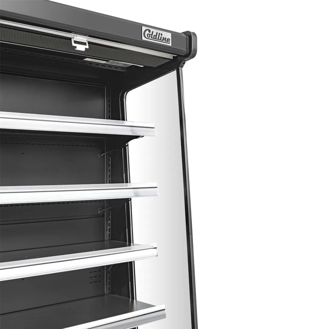 Refrigerated air curtain merchandiser stocked with fresh fruit on an e-commerce product page.