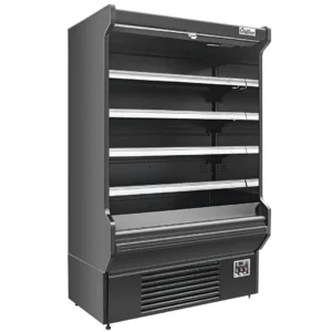 Coldline SOCD-61-B 60 Inch Black Deep Refrigerated Air Curtain Merchandiser filled with fresh produce and beverages