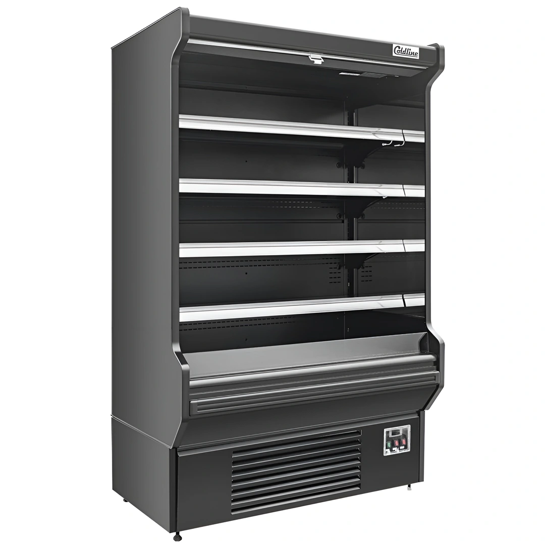 Coldline SOCD-61-B 60 Inch Black Deep Refrigerated Air Curtain Merchandiser filled with fresh produce and beverages