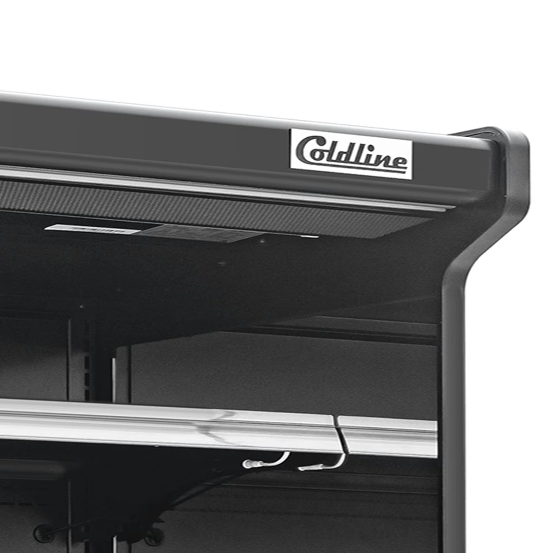 Coldline SOCD-61-B 60 Inch Black Deep Refrigerated Air Curtain Merchandiser filled with fresh produce and beverages