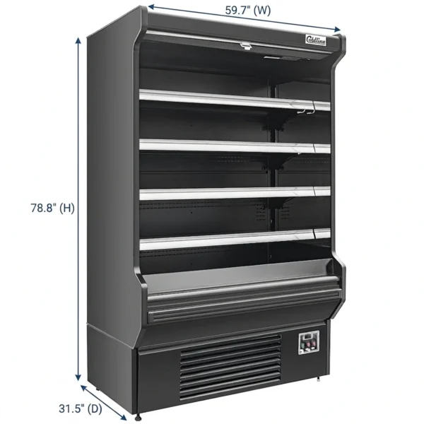 Coldline SOCD-61-B 60 Inch Black Deep Refrigerated Air Curtain Merchandiser filled with fresh produce and beverages