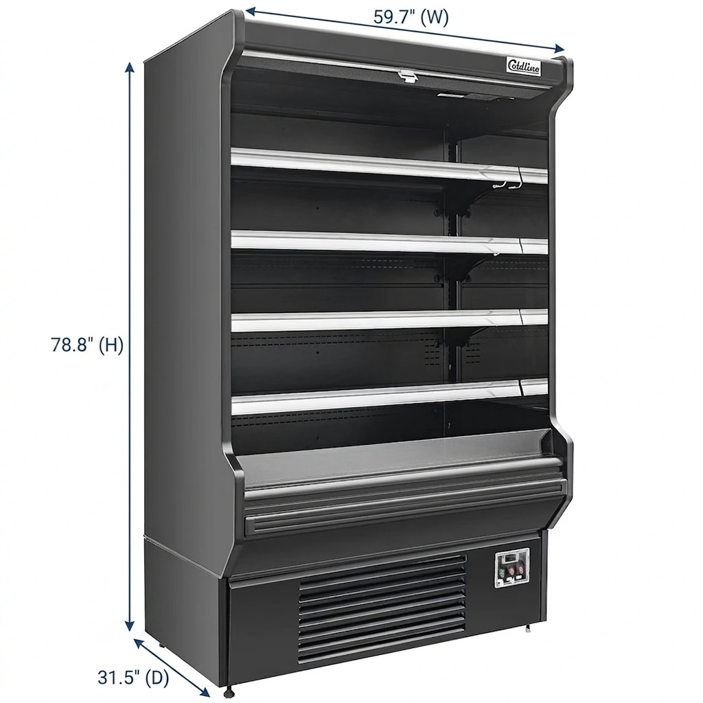 Coldline SOCD-61-B 60 Inch Black Deep Refrigerated Air Curtain Merchandiser filled with fresh produce and beverages