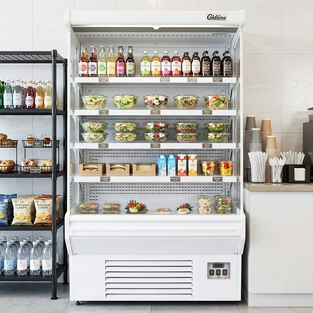 Refrigerated Air Curtain Merchandiser Coldline SOC-51-W white open air grab and go display