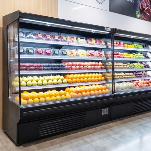 Refrigerated air curtain merchandiser stocked with fresh fruit on an e-commerce product page.