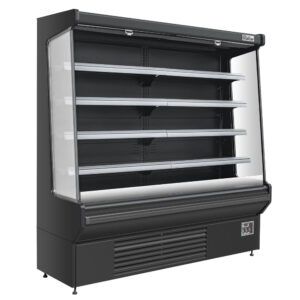 Refrigerated air curtain merchandiser stocked with fresh fruit on an e-commerce product page.