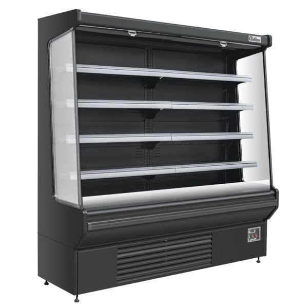 Refrigerated air curtain merchandiser stocked with fresh fruit on an e-commerce product page.