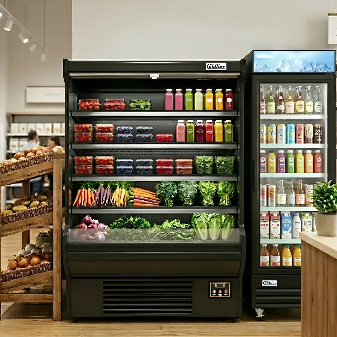 Coldline SOCD-61-B 60 Inch Black Deep Refrigerated Air Curtain Merchandiser filled with fresh produce and beverages
