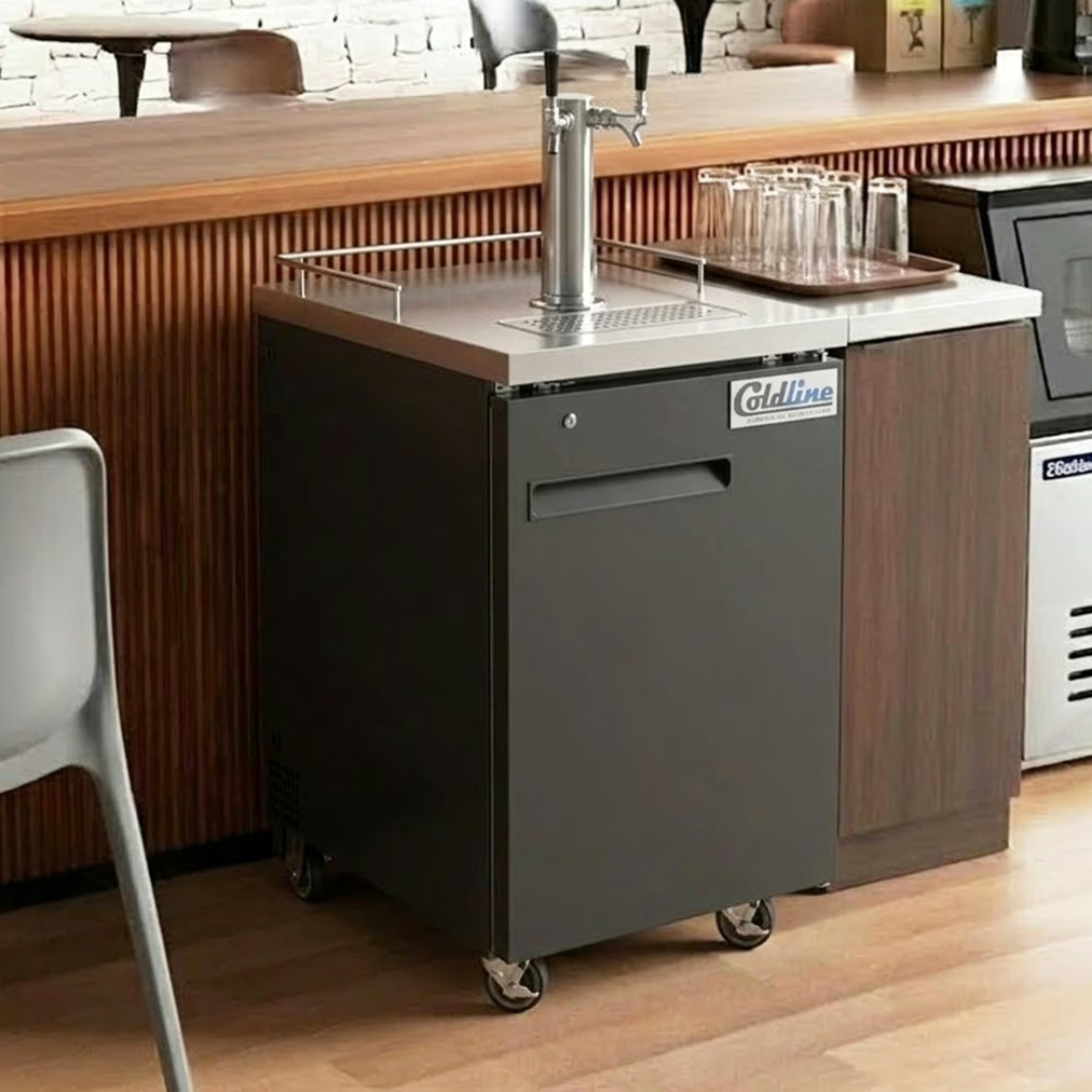 Coldline single-tap commercial beer kegerator beside a bar counter.
