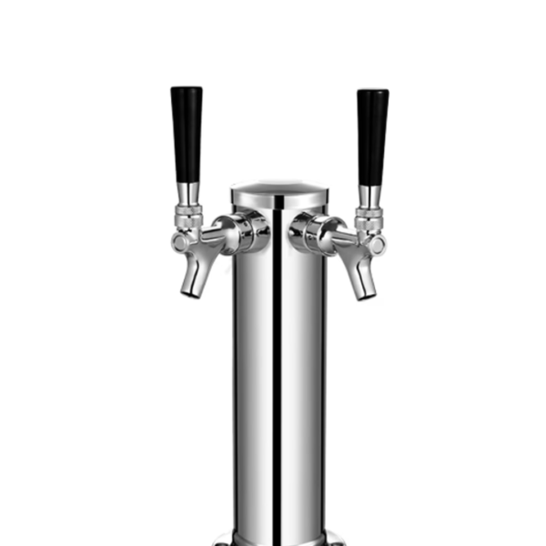 Commercial dual-tap beer kegerator with black cabinet and stainless steel top.