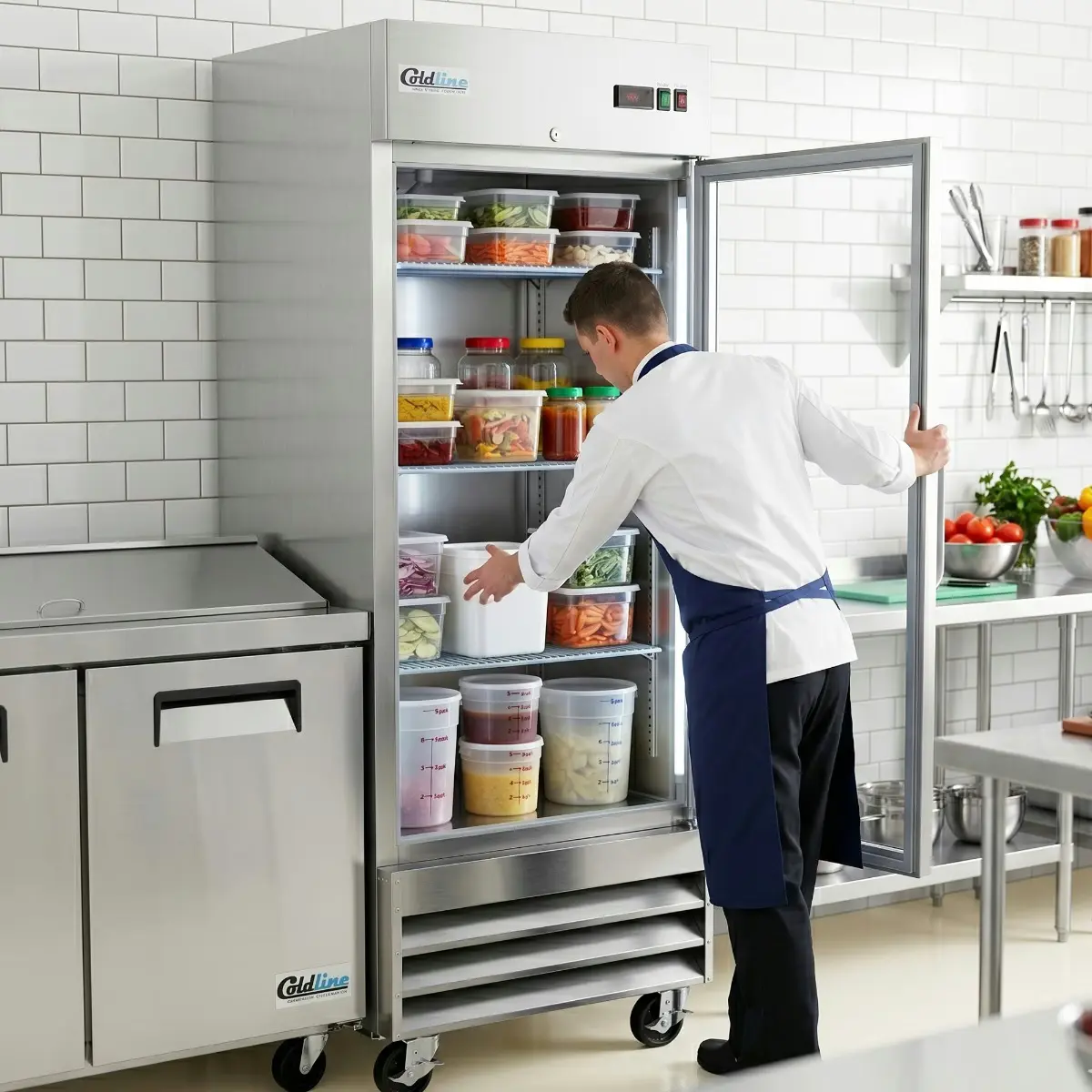 Coldline 29 One Glass Door Commercial Freezer in a commercial kitchen environment