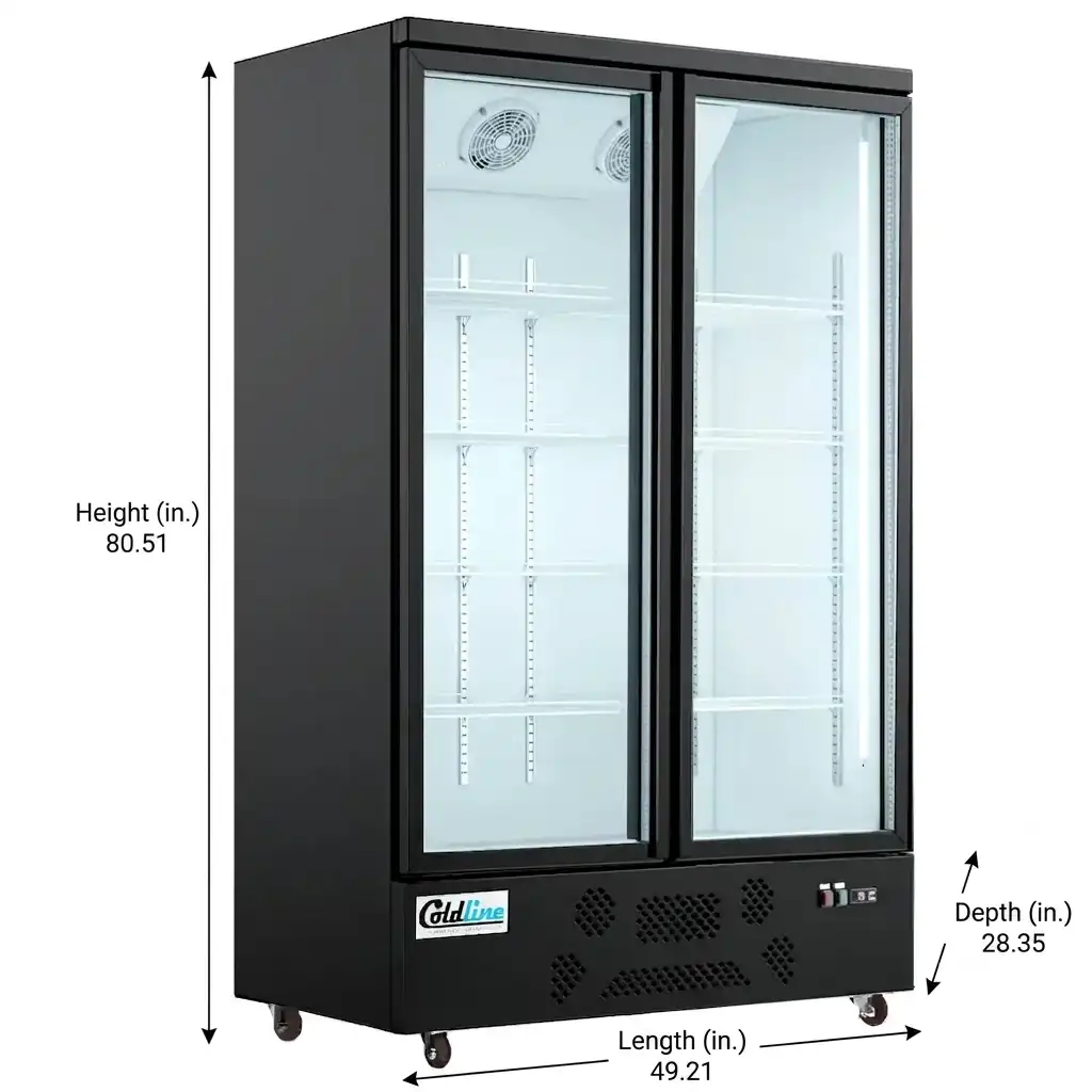 Coldline G2-B 49" Two Glass Door Merchandiser Refrigerator with LED Lighting, Black