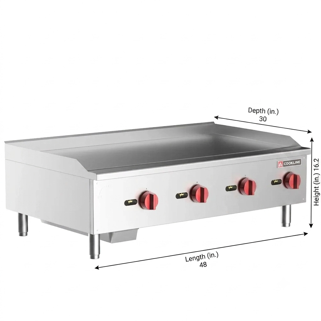 Cookline HD 48 Commercial Gas Griddle with 4 independent burners and stainless steel housing