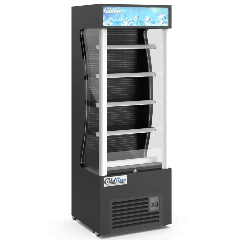 Coldline AOC-28-B 28" Black Open Air Refrigerated display merchandiser stocked with cold drinks and grab-and-go salads