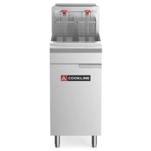 Cookline CF40-LP Commercial Deep Fryer with two nickel-plated wire mesh baskets hanging on a stainless steel hanger
